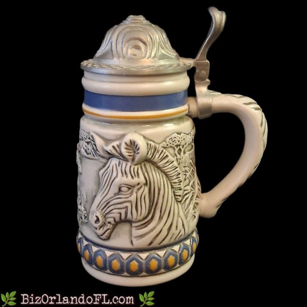 VINTAGE: Avon Endangered Species Mountain Zebra Stein Relief Design & Pewter Lid